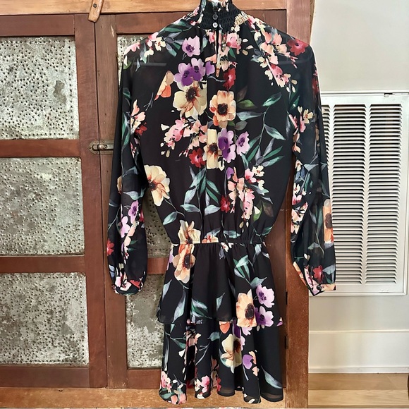 Yumi Kim Class Act Long Sleeve Floral Mock Neck Ruffle Mini Dress Black XS - Picture 4 of 8